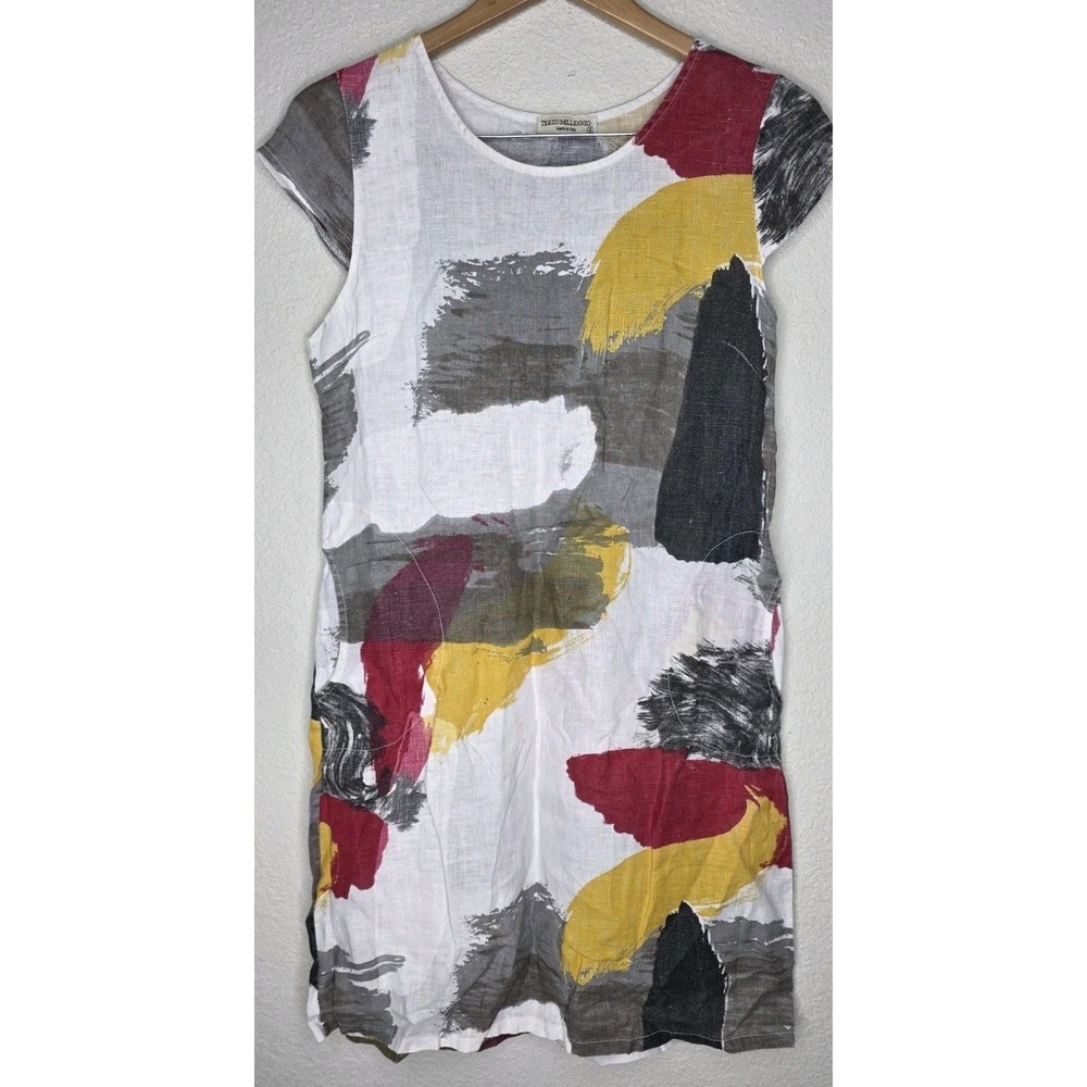Terzo Millennio Italy Made Linen Dress Abstract Brushstroke Pockets Woman S